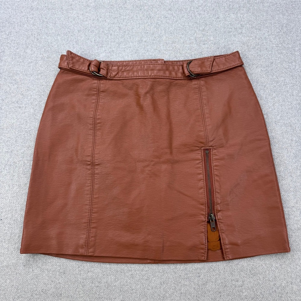 Free People Midnight Magic‎ Vegan Leather Mini Skirt Sz 2 Brown Moto Edgy FLAW